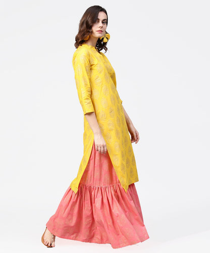 Yellow Golden Printed 3/4Th Sleeve Kurta With Pink Ankle Length Sharara | LASVINI - Redefining Indian Fashion with Elegance