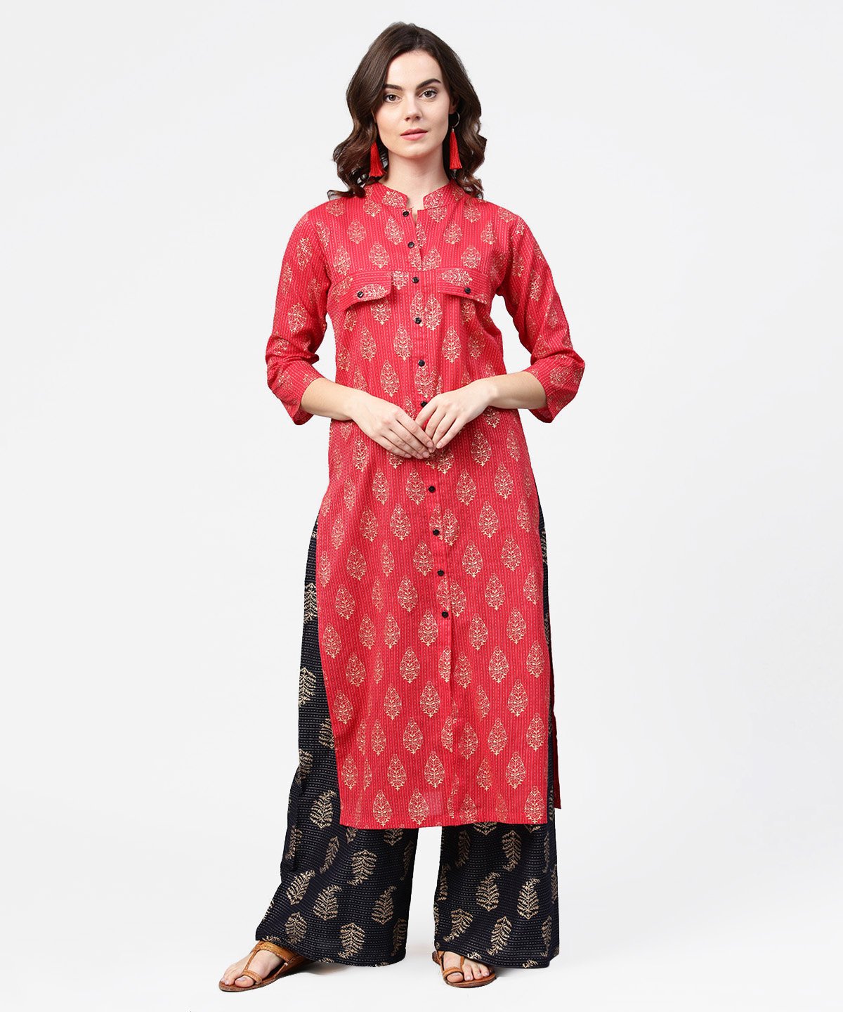 Pink Printed 3/4Th Sleeve Cotton Kurta With Black Printed Pallazo | LASVINI - Redefining Indian Fashion with Elegance