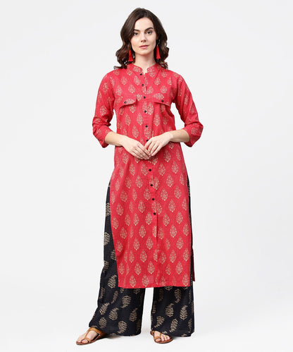 Pink Printed 3/4Th Sleeve Cotton Kurta With Black Printed Pallazo | LASVINI - Redefining Indian Fashion with Elegance