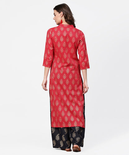 Pink Printed 3/4Th Sleeve Cotton Kurta With Black Printed Pallazo | LASVINI - Redefining Indian Fashion with Elegance