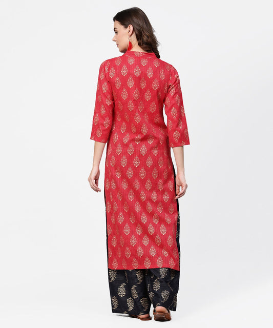 Pink Printed 3/4Th Sleeve Cotton Kurta With Black Printed Pallazo | LASVINI - Redefining Indian Fashion with Elegance