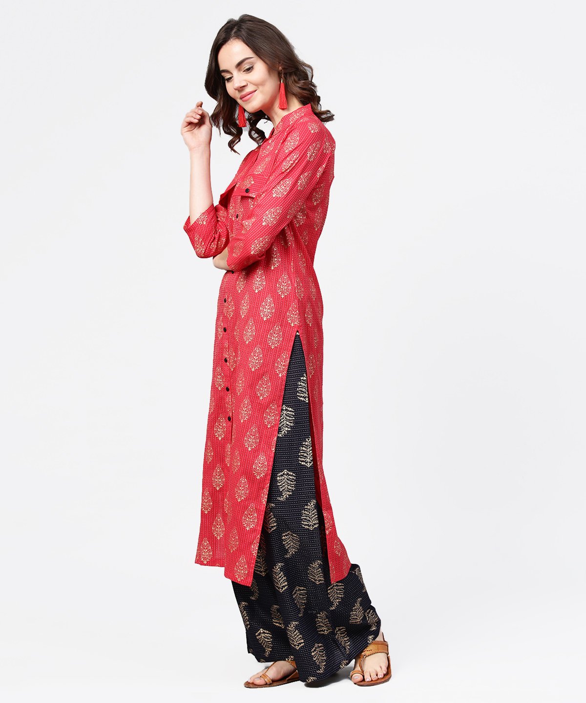Pink Printed 3/4Th Sleeve Cotton Kurta With Black Printed Pallazo | LASVINI - Redefining Indian Fashion with Elegance