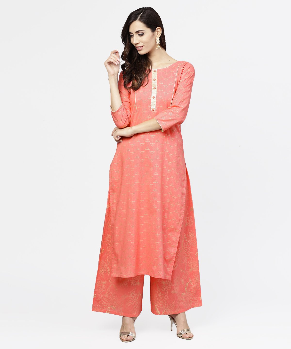 Peach Printed 3/4Th Sleeve Cotton Kurta With Flared Ankle Length Pallazo | LASVINI - Redefining Indian Fashion with Elegance