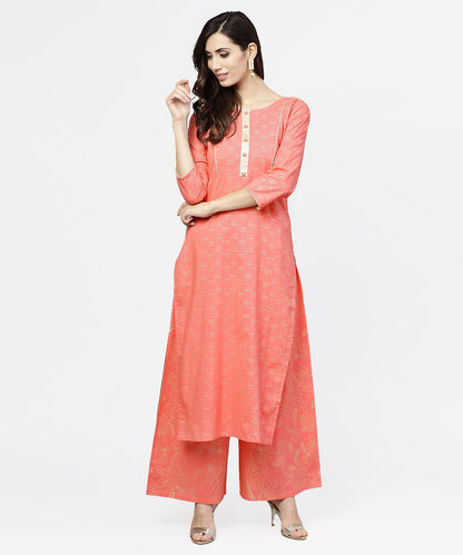 Peach Printed 3/4Th Sleeve Cotton Kurta With Flared Ankle Length Pallazo | LASVINI - Redefining Indian Fashion with Elegance