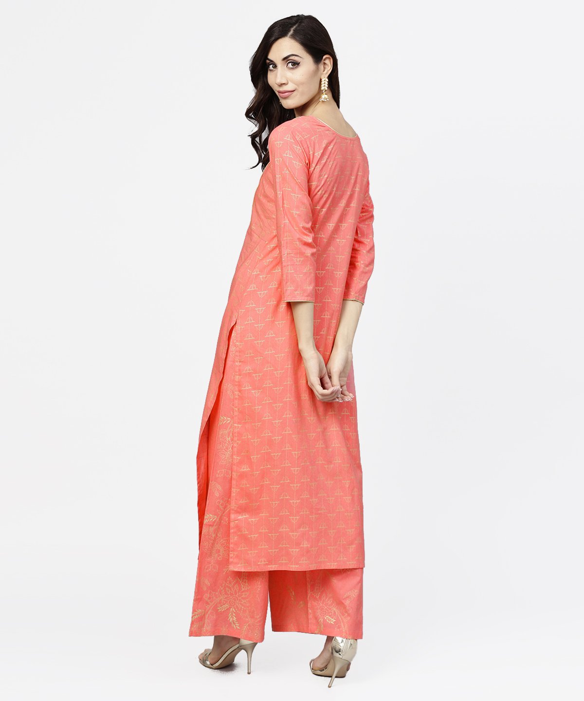 Peach Printed 3/4Th Sleeve Cotton Kurta With Flared Ankle Length Pallazo | LASVINI - Redefining Indian Fashion with Elegance