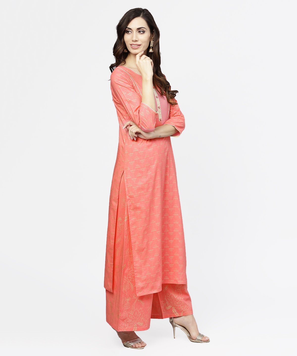 Peach Printed 3/4Th Sleeve Cotton Kurta With Flared Ankle Length Pallazo | LASVINI - Redefining Indian Fashion with Elegance
