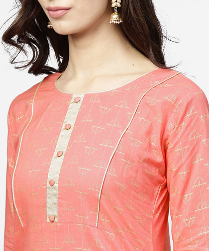 Peach Printed 3/4Th Sleeve Cotton Kurta With Flared Ankle Length Pallazo | LASVINI - Redefining Indian Fashion with Elegance