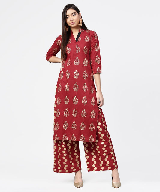 Red Butta Printed 3/4Th Sleeve Kurta With Printed Pallazo | LASVINI - Redefining Indian Fashion with Elegance