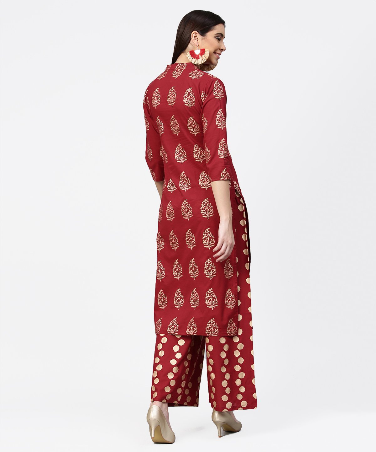 Red Butta Printed 3/4Th Sleeve Kurta With Printed Pallazo | LASVINI - Redefining Indian Fashion with Elegance