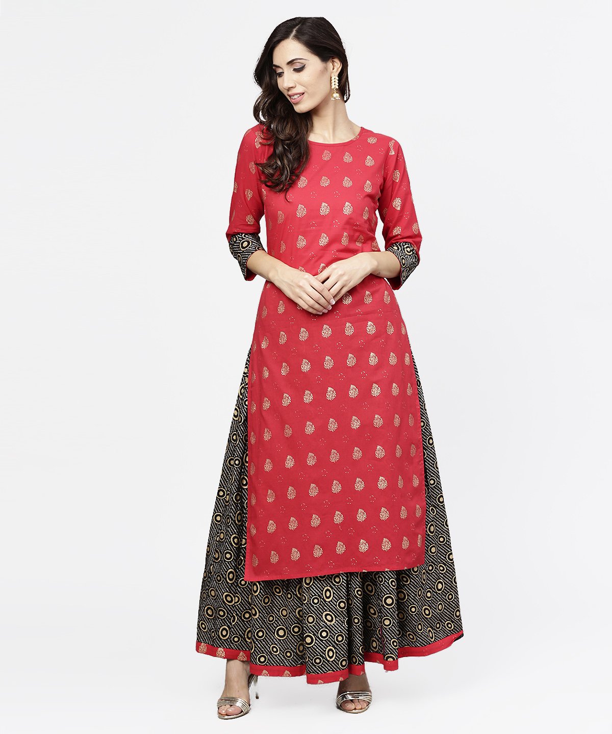 Pink Printed 3/4Th Sleeve Cotton Kurta With Black Printed Skirt | LASVINI - Redefining Indian Fashion with Elegance