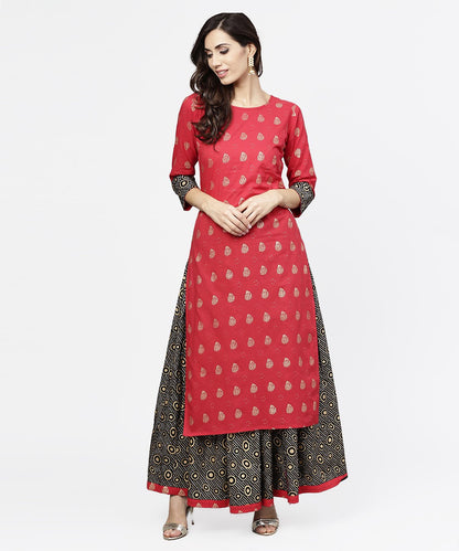 Pink Printed 3/4Th Sleeve Cotton Kurta With Black Printed Skirt | LASVINI - Redefining Indian Fashion with Elegance