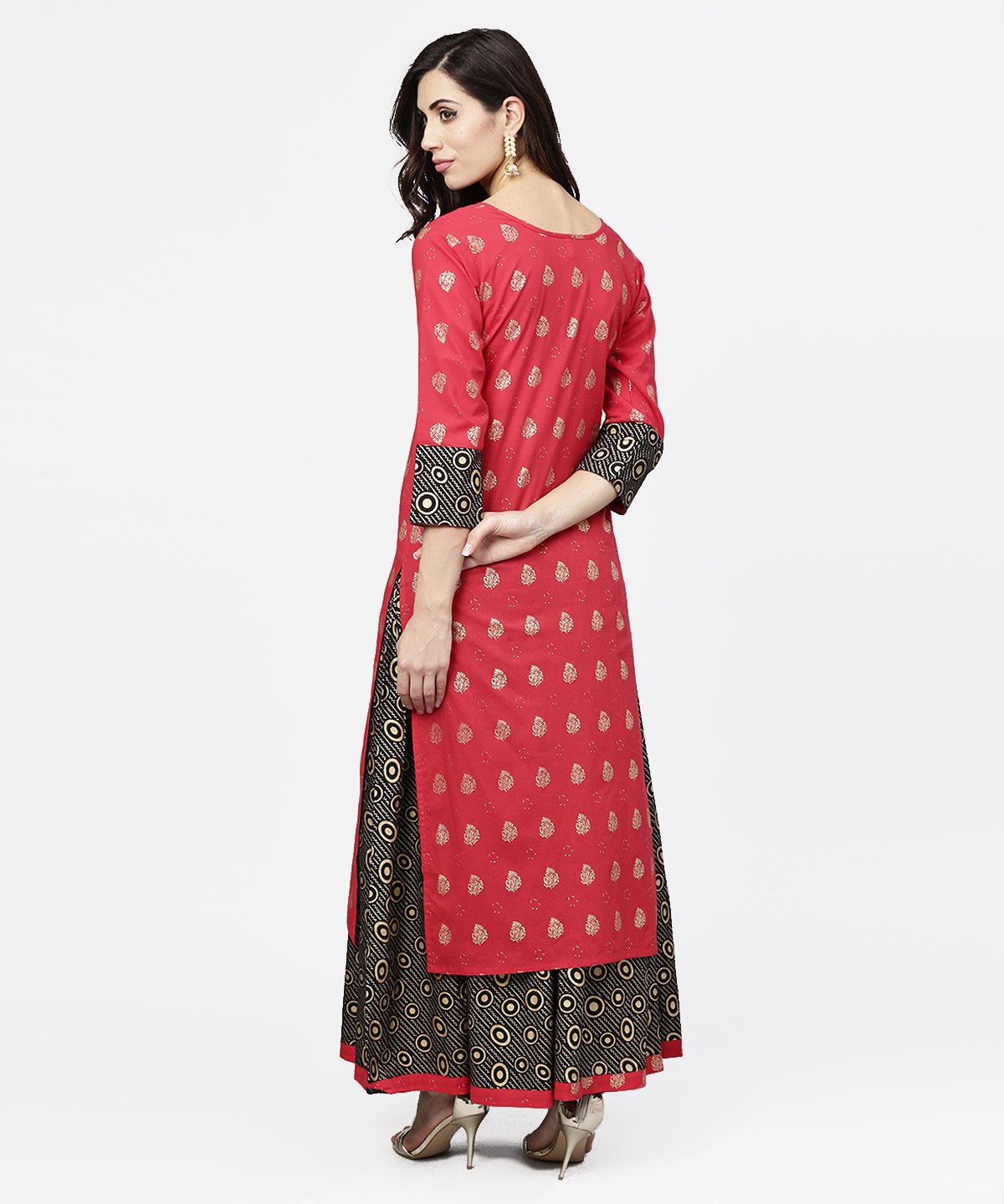 Pink Printed 3/4Th Sleeve Cotton Kurta With Black Printed Skirt | LASVINI - Redefining Indian Fashion with Elegance
