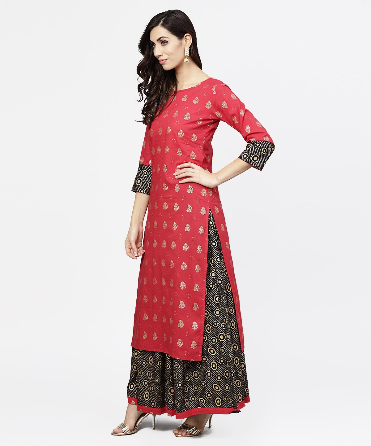 Pink Printed 3/4Th Sleeve Cotton Kurta With Black Printed Skirt | LASVINI - Redefining Indian Fashion with Elegance