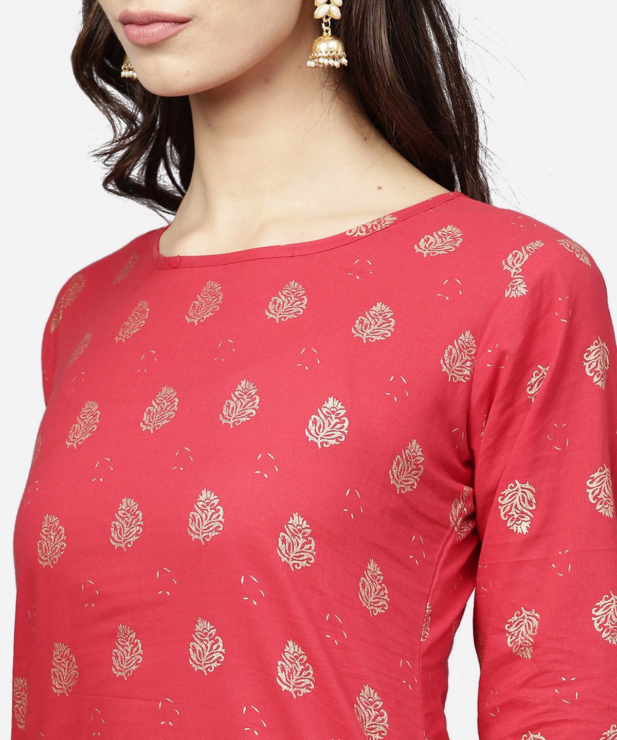 Pink Printed 3/4Th Sleeve Cotton Kurta With Black Printed Skirt | LASVINI - Redefining Indian Fashion with Elegance