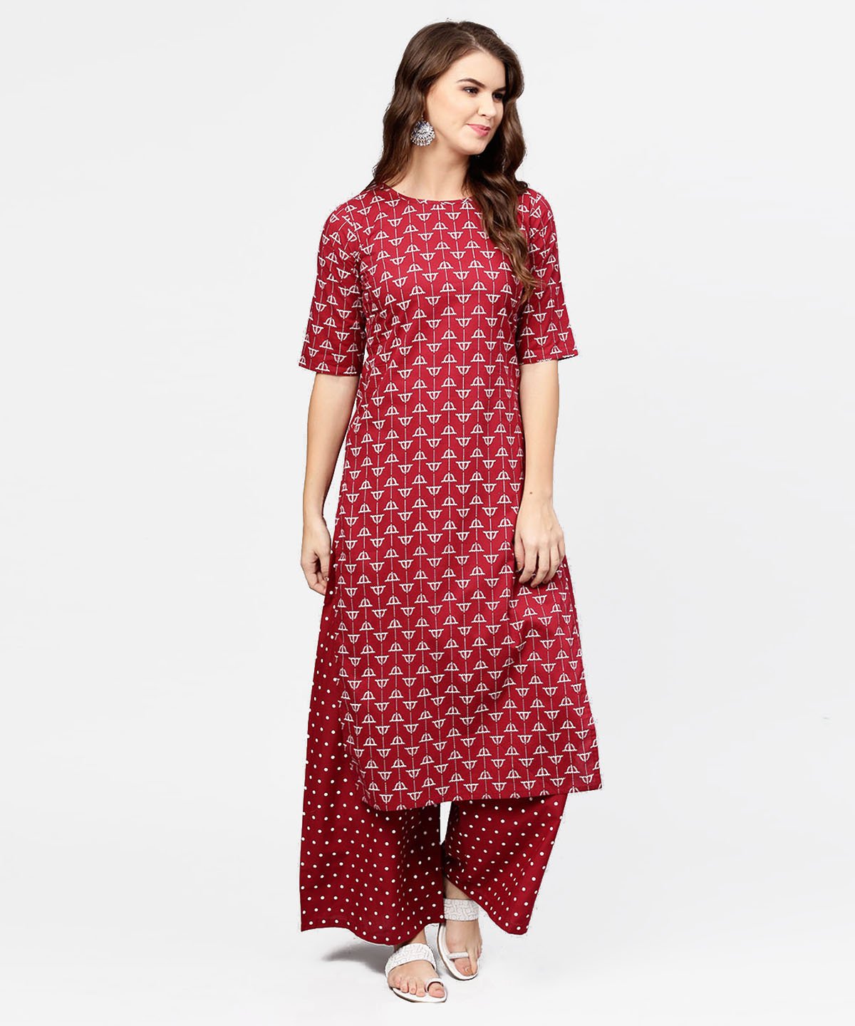 Red Printed Half Sleeve Cotton Kurta With Printed Ankle Length Pallazo | LASVINI - Redefining Indian Fashion with Elegance