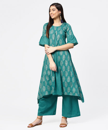 Blue Printed Half Sleeve Cotton Kurta With Straight Ankle Length Pallazo | LASVINI - Redefining Indian Fashion with Elegance