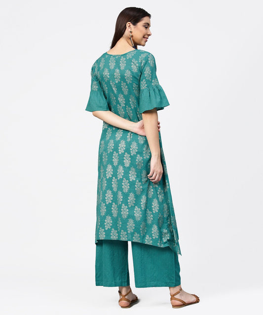 Blue Printed Half Sleeve Cotton Kurta With Straight Ankle Length Pallazo | LASVINI - Redefining Indian Fashion with Elegance