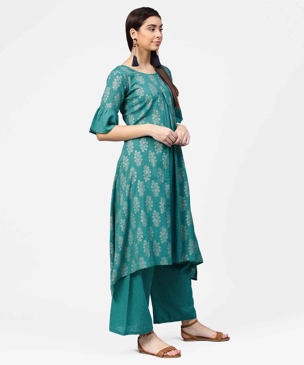 Blue Printed Half Sleeve Cotton Kurta With Straight Ankle Length Pallazo | LASVINI - Redefining Indian Fashion with Elegance
