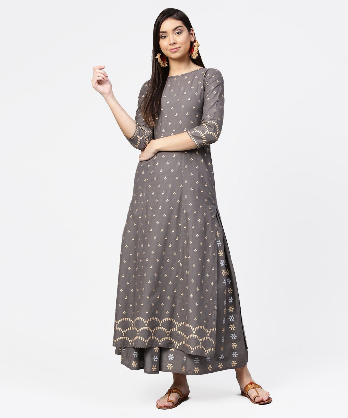 Grey Printed Half Sleeve Cotton Ankle Length Kurta With Flared Ankle Length Skirt | LASVINI - Redefining Indian Fashion with Elegance