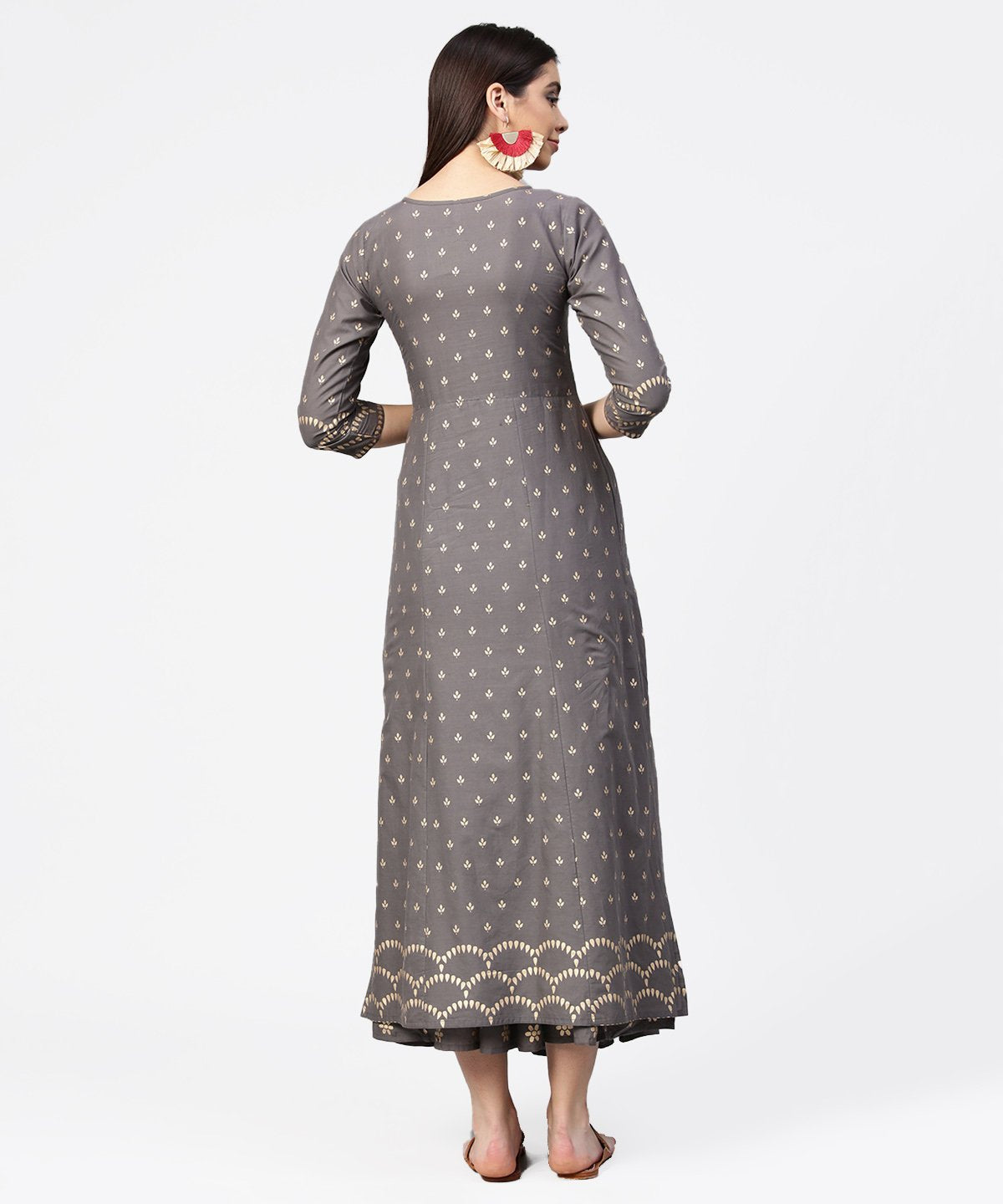 Grey Printed Half Sleeve Cotton Ankle Length Kurta With Flared Ankle Length Skirt | LASVINI - Redefining Indian Fashion with Elegance