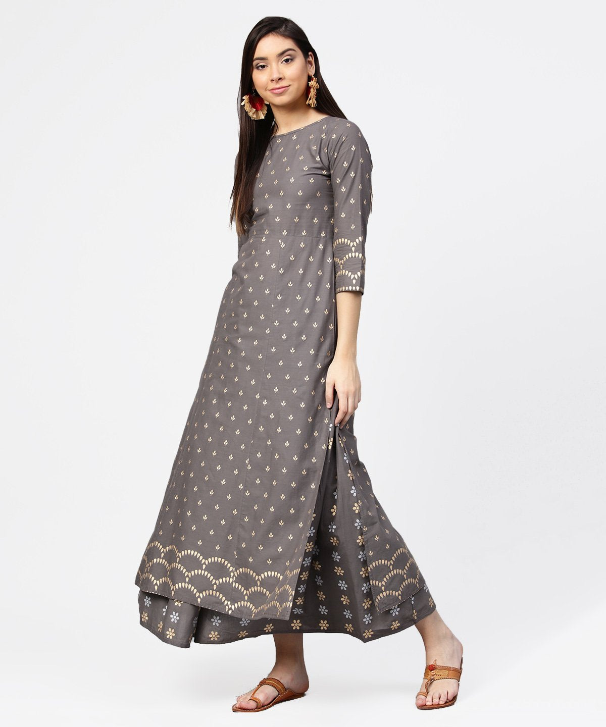 Grey Printed Half Sleeve Cotton Ankle Length Kurta With Flared Ankle Length Skirt | LASVINI - Redefining Indian Fashion with Elegance