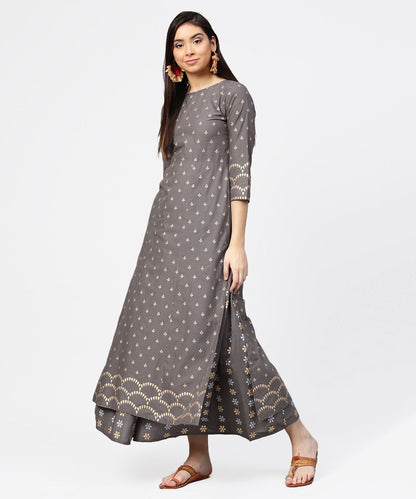 Grey Printed Half Sleeve Cotton Ankle Length Kurta With Flared Ankle Length Skirt | LASVINI - Redefining Indian Fashion with Elegance