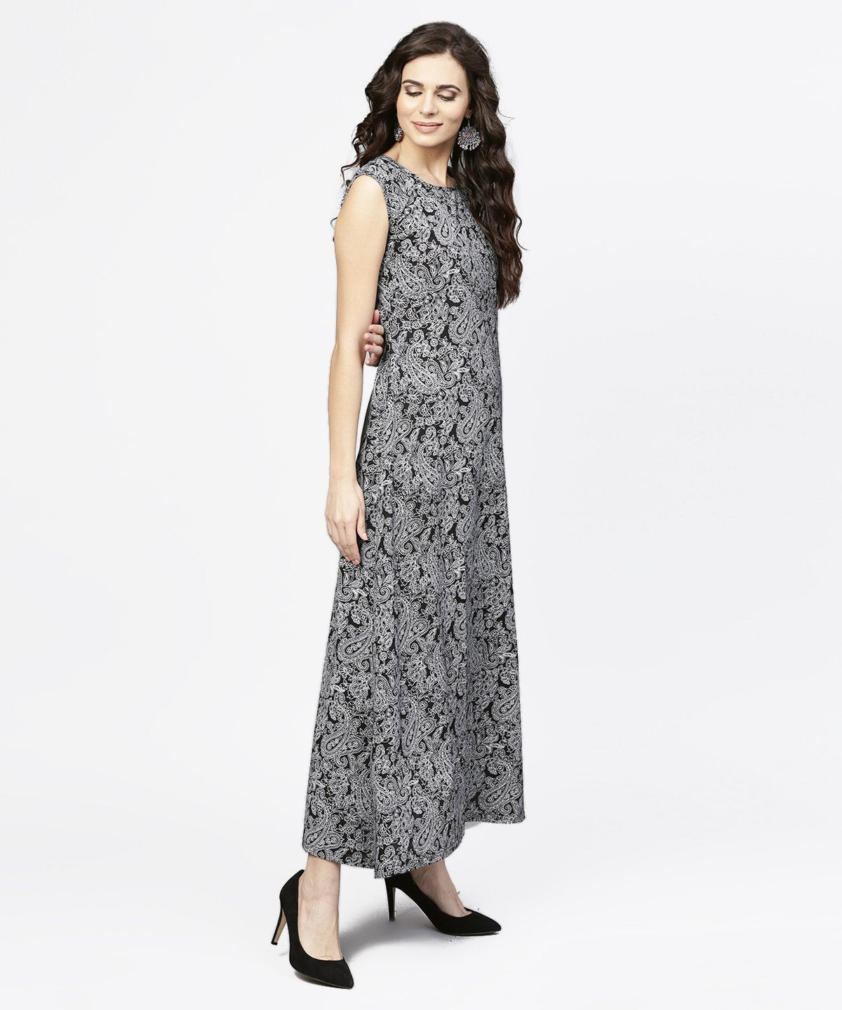 Blue Printed Sleeveless Cotton A-Line Floor Length Kurta | LASVINI - Redefining Indian Fashion with Elegance