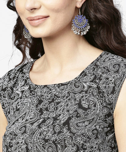 Blue Printed Sleeveless Cotton A-Line Floor Length Kurta | LASVINI - Redefining Indian Fashion with Elegance