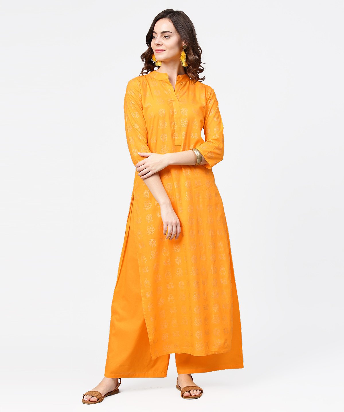 Yellow 3/4Th Sleeve Printed Straight Kurta With Flared Ankle Length Pallazo | LASVINI - Redefining Indian Fashion with Elegance