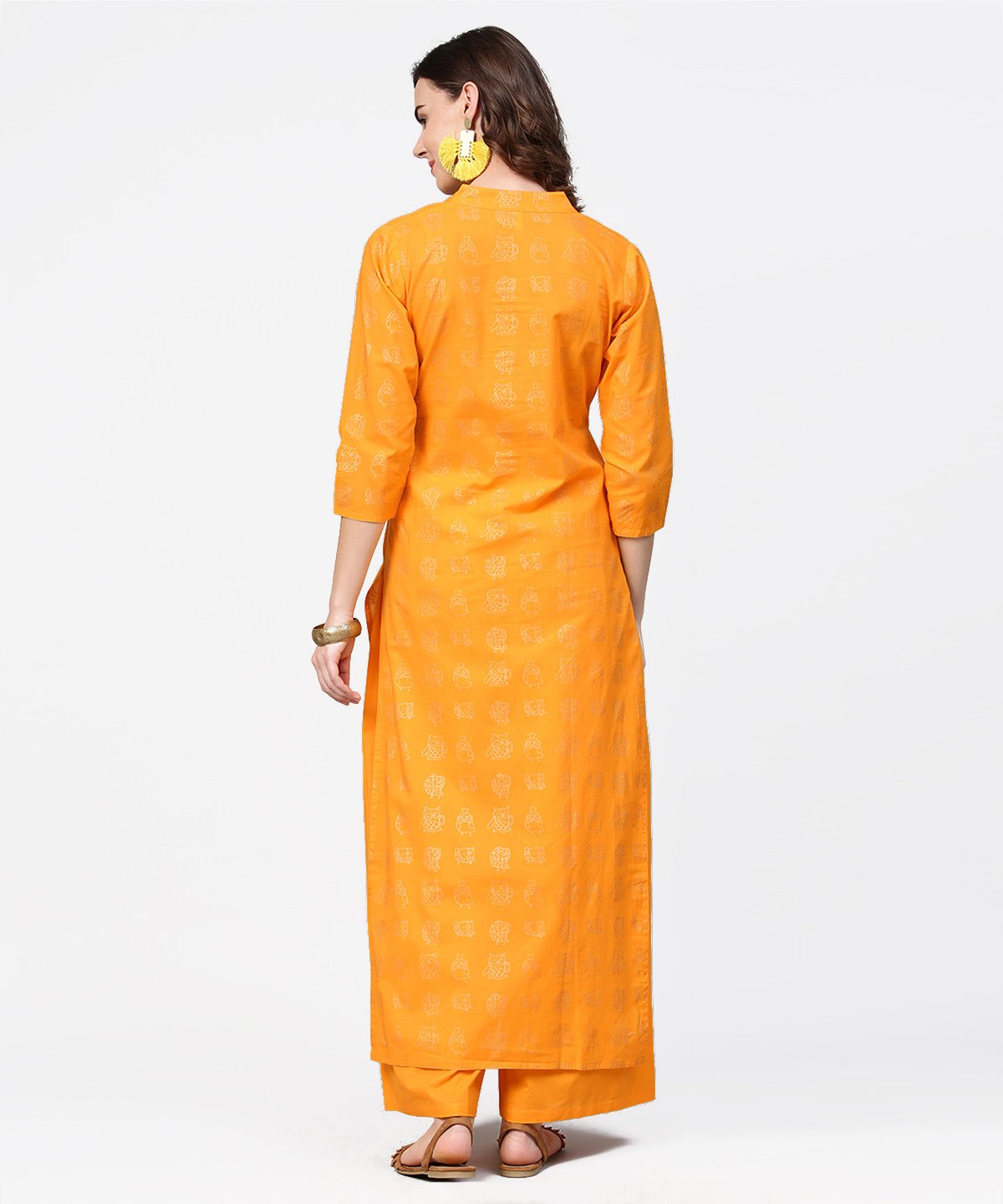 Yellow 3/4Th Sleeve Printed Straight Kurta With Flared Ankle Length Pallazo | LASVINI - Redefining Indian Fashion with Elegance