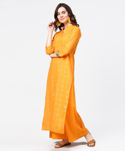 Yellow 3/4Th Sleeve Printed Straight Kurta With Flared Ankle Length Pallazo | LASVINI - Redefining Indian Fashion with Elegance