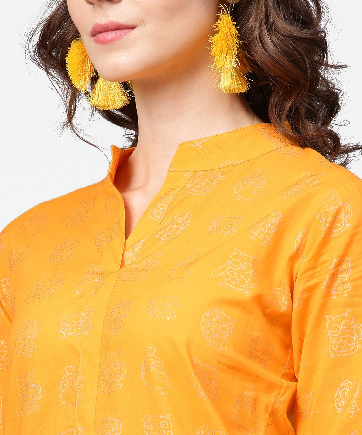 Yellow 3/4Th Sleeve Printed Straight Kurta With Flared Ankle Length Pallazo | LASVINI - Redefining Indian Fashion with Elegance