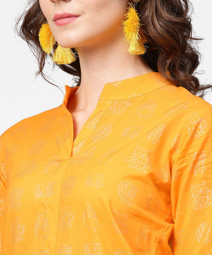 Yellow 3/4Th Sleeve Printed Straight Kurta With Flared Ankle Length Pallazo | LASVINI - Redefining Indian Fashion with Elegance