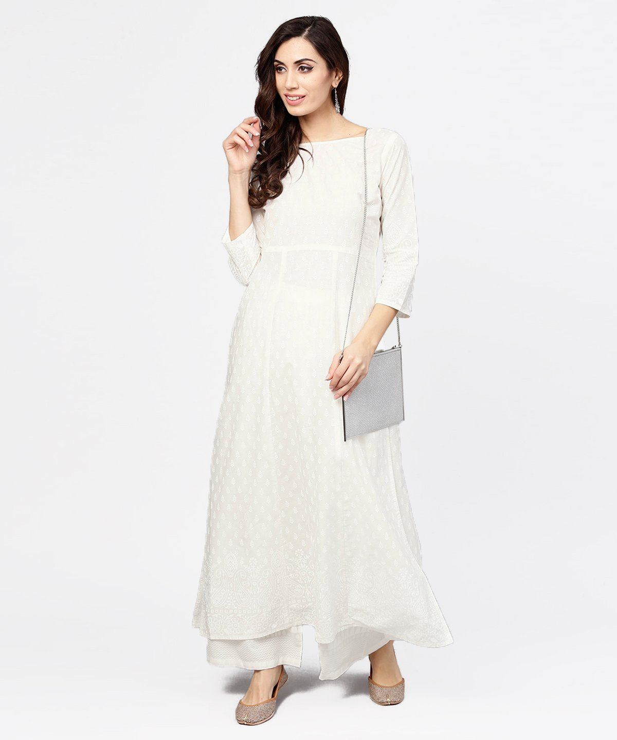 Off White Printed 3/4Th Sleeve Cotton Kurta With Ankle Length Palazzo | LASVINI - Redefining Indian Fashion with Elegance