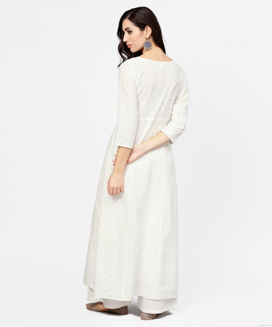 Off White Printed 3/4Th Sleeve Cotton Kurta With Ankle Length Palazzo | LASVINI - Redefining Indian Fashion with Elegance