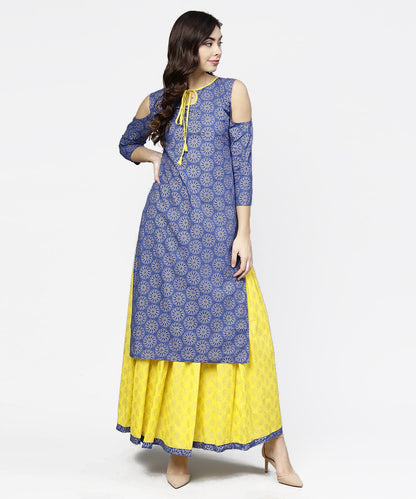 Blue Printed 3/4Th Cold Shoulder Sleeve Kurta With Yellow Flared Skirt | LASVINI - Redefining Indian Fashion with Elegance