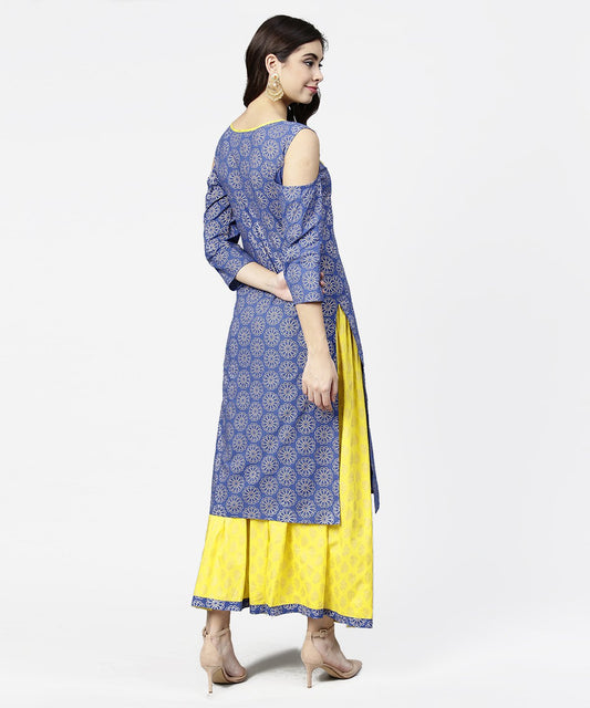 Blue Printed 3/4Th Cold Shoulder Sleeve Kurta With Yellow Flared Skirt | LASVINI - Redefining Indian Fashion with Elegance