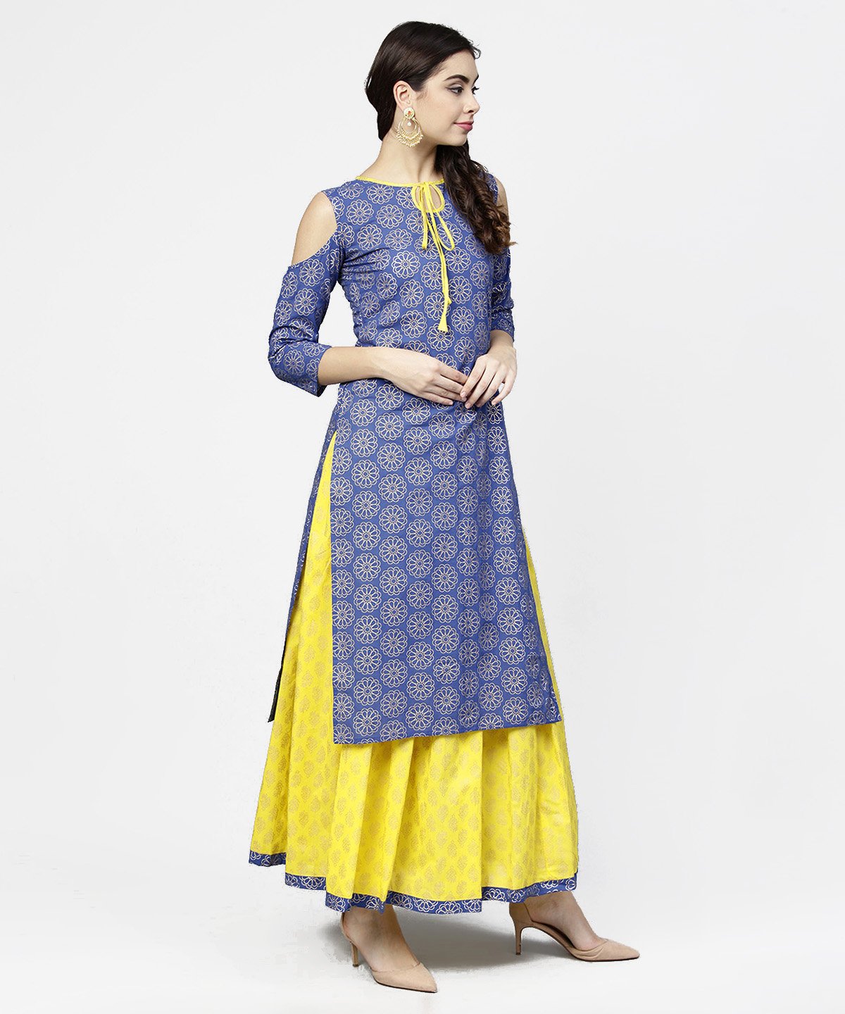 Blue Printed 3/4Th Cold Shoulder Sleeve Kurta With Yellow Flared Skirt | LASVINI - Redefining Indian Fashion with Elegance