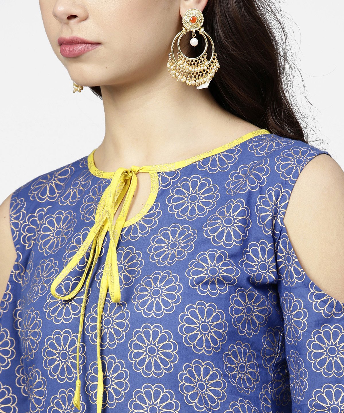Blue Printed 3/4Th Cold Shoulder Sleeve Kurta With Yellow Flared Skirt | LASVINI - Redefining Indian Fashion with Elegance
