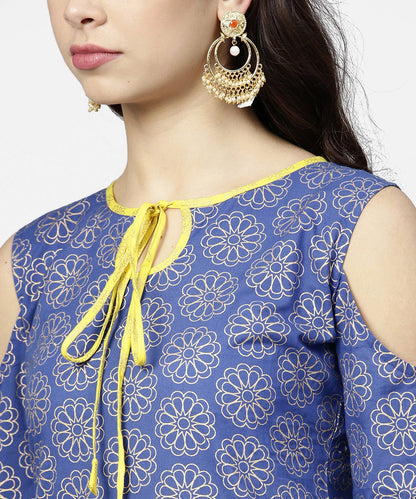 Blue Printed 3/4Th Cold Shoulder Sleeve Kurta With Yellow Flared Skirt | LASVINI - Redefining Indian Fashion with Elegance