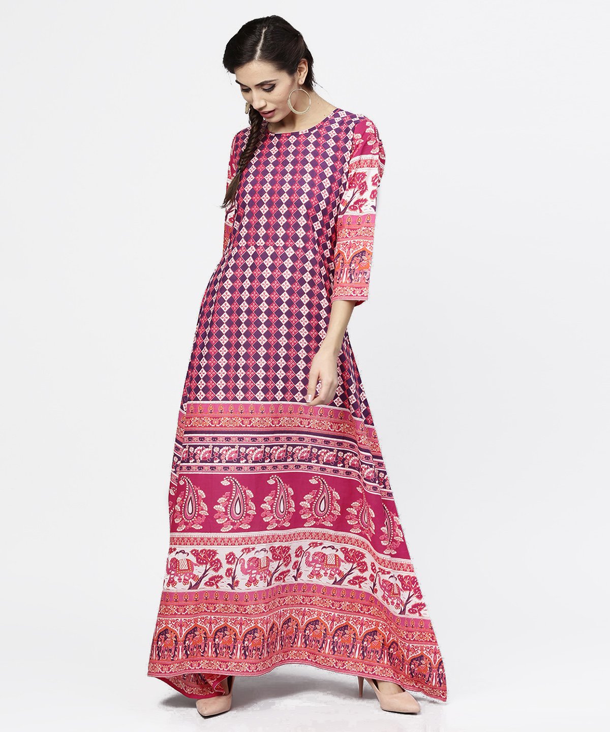 Red Printed 3/4Th Sleeve Cotton Floor Length Kurta | LASVINI - Redefining Indian Fashion with Elegance