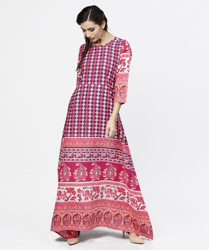 Red Printed 3/4Th Sleeve Cotton Floor Length Kurta | LASVINI - Redefining Indian Fashion with Elegance