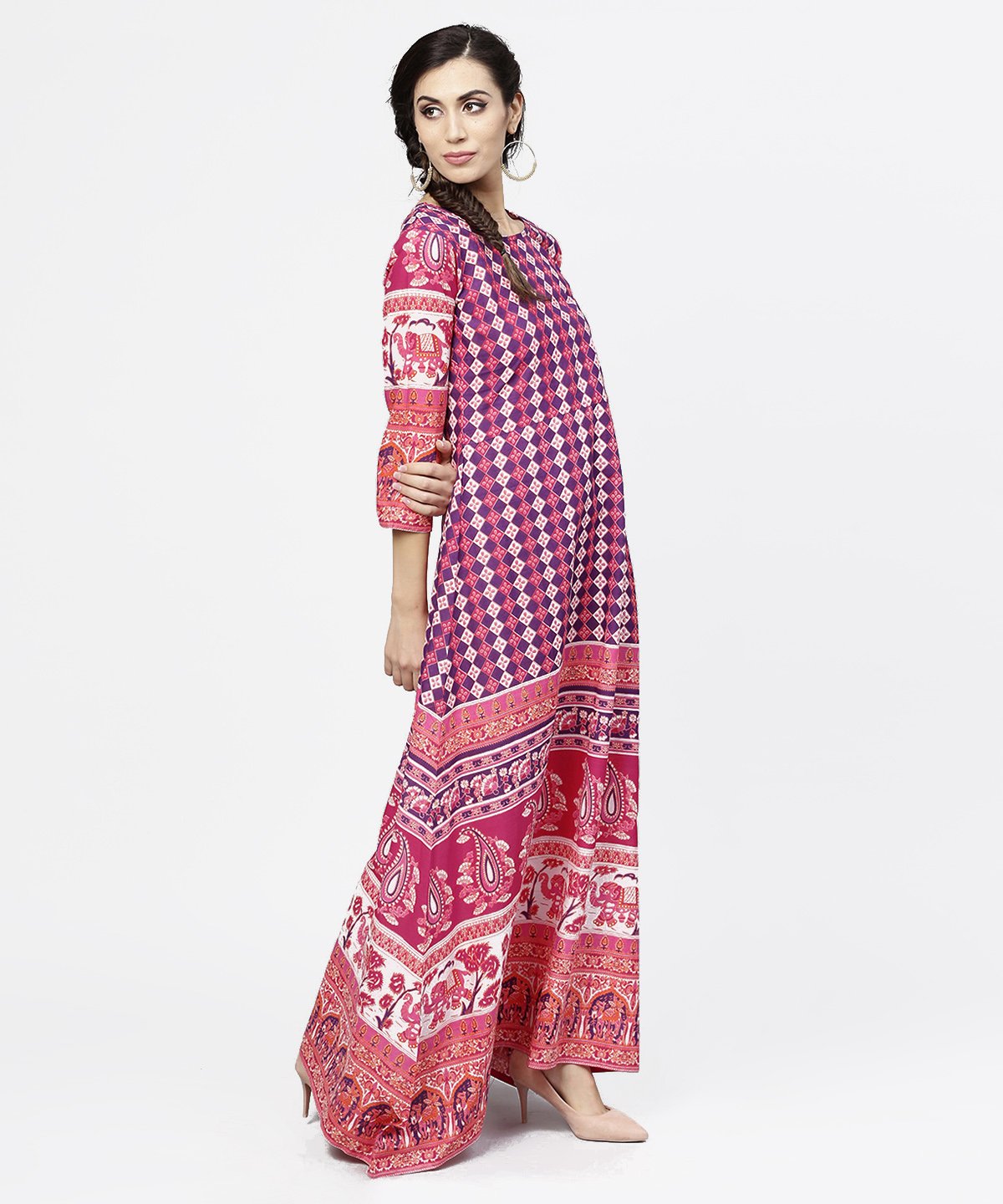Red Printed 3/4Th Sleeve Cotton Floor Length Kurta | LASVINI - Redefining Indian Fashion with Elegance