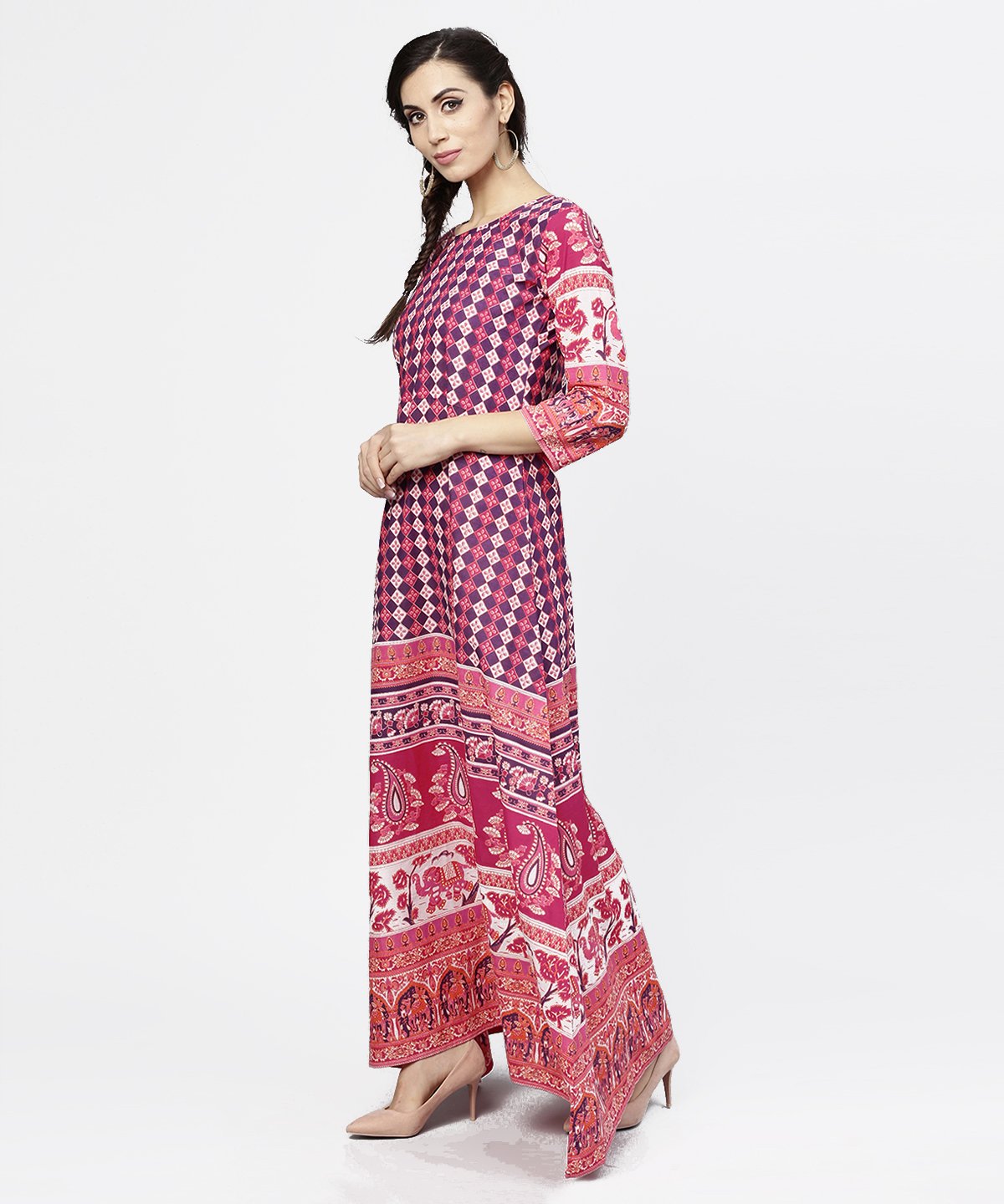 Red Printed 3/4Th Sleeve Cotton Floor Length Kurta | LASVINI - Redefining Indian Fashion with Elegance