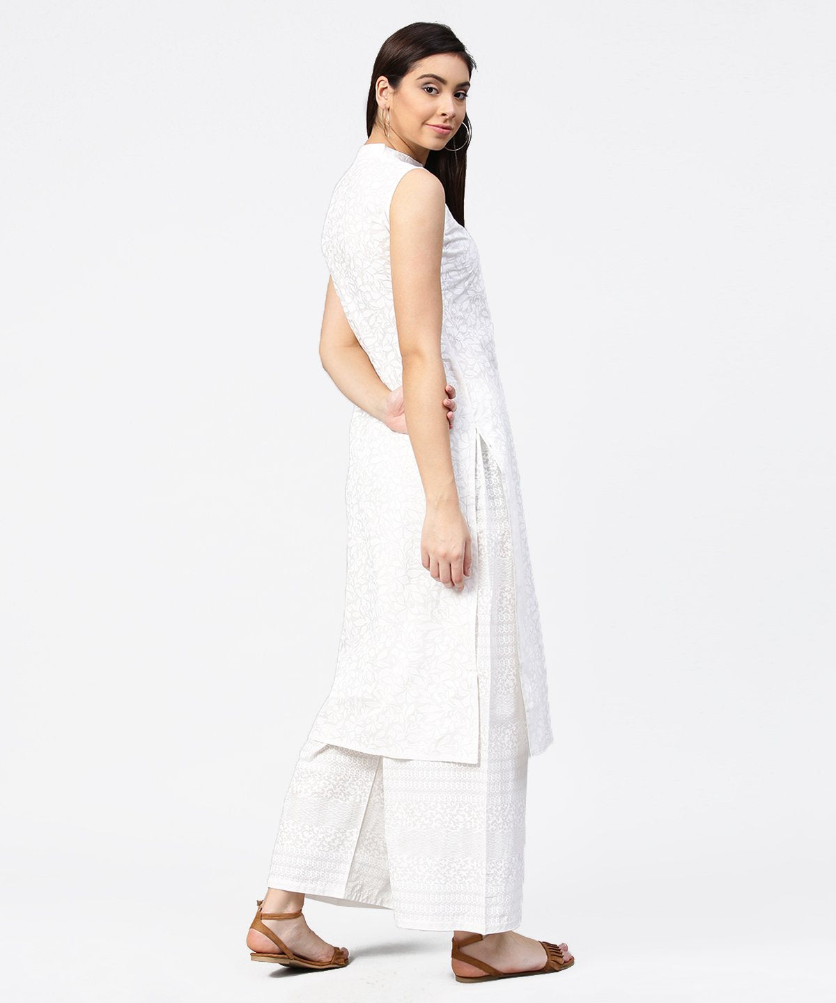 Off White Printed Sleeveless Cotton Kurta With Ankle Length Pallazo | LASVINI - Redefining Indian Fashion with Elegance