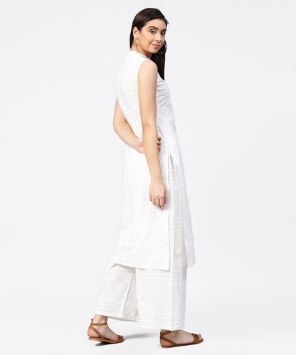 Off White Printed Sleeveless Cotton Kurta With Ankle Length Pallazo | LASVINI - Redefining Indian Fashion with Elegance