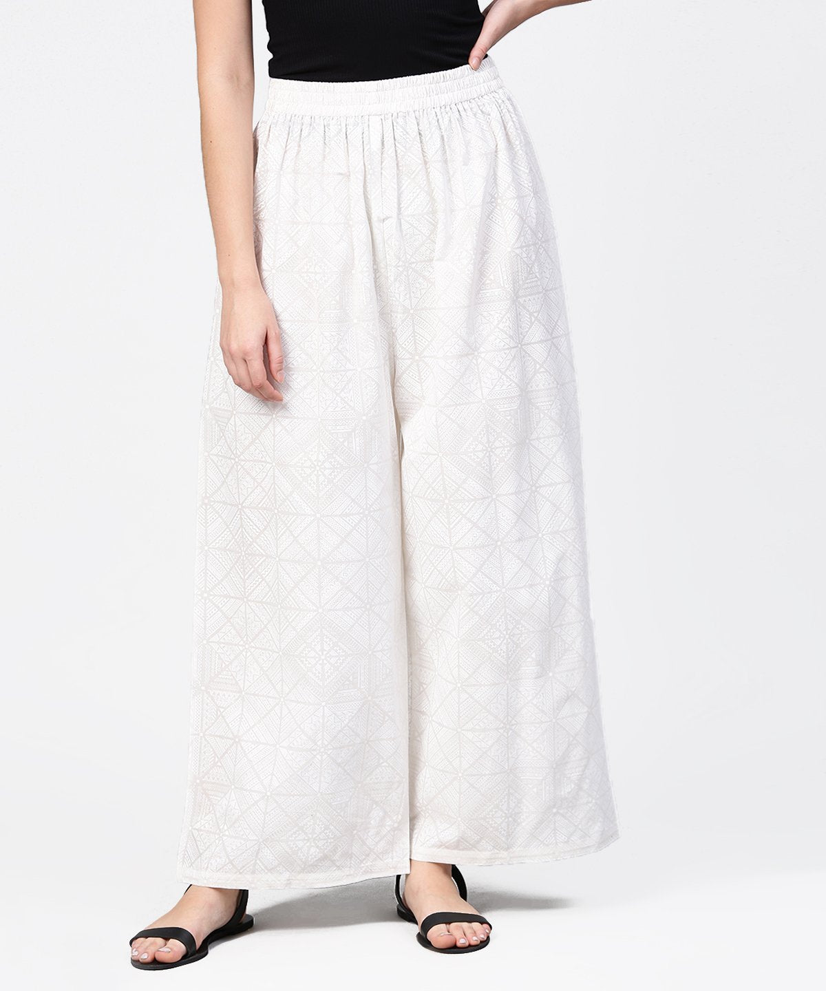 Off White Printed Ankle Length Pallazo | LASVINI - Redefining Indian Fashion with Elegance