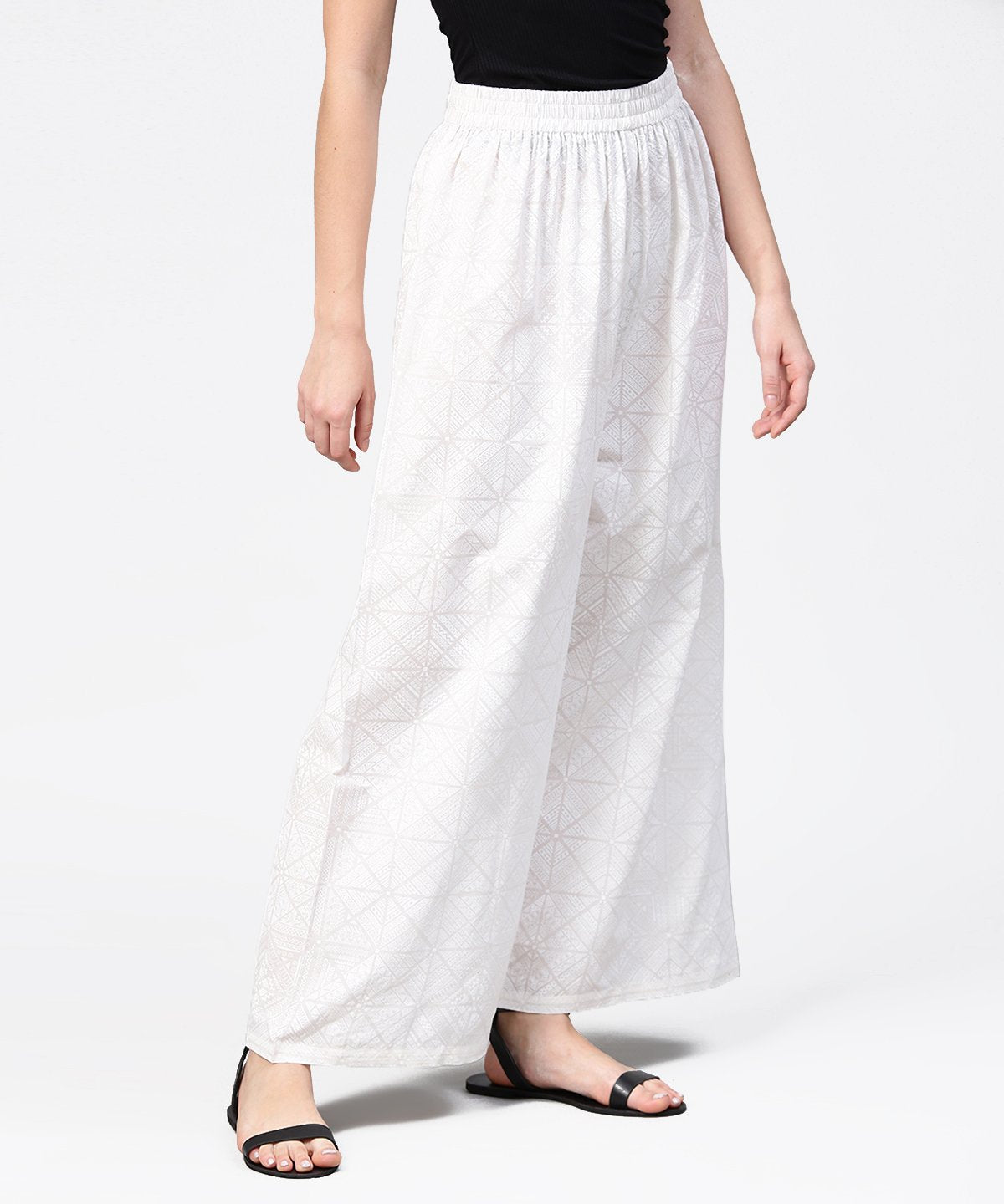 Off White Printed Ankle Length Pallazo | LASVINI - Redefining Indian Fashion with Elegance