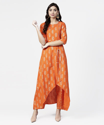 Orange Printed 3/4Th Sleeve Assymetric Kurta With Ankle Length Pant | LASVINI - Redefining Indian Fashion with Elegance