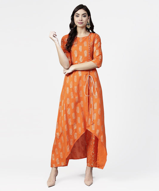 Orange Printed 3/4Th Sleeve Assymetric Kurta With Ankle Length Pant | LASVINI - Redefining Indian Fashion with Elegance